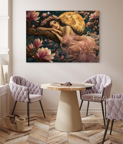 Framed Canvas- Vibrant Magnolia Flowers Beautiful Tinkerbell Woman’s Abstract Portrait Mosaic Original Artwork Fantasy Wall Art Print