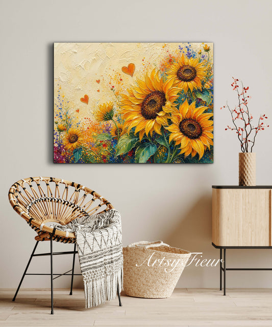 Framed Canvas Print- Vibrant Wildflowers and sunflowers Oil Painting Textured Wall Art , Beautiful Original Artwork Ready to Hang Living Room, Floral