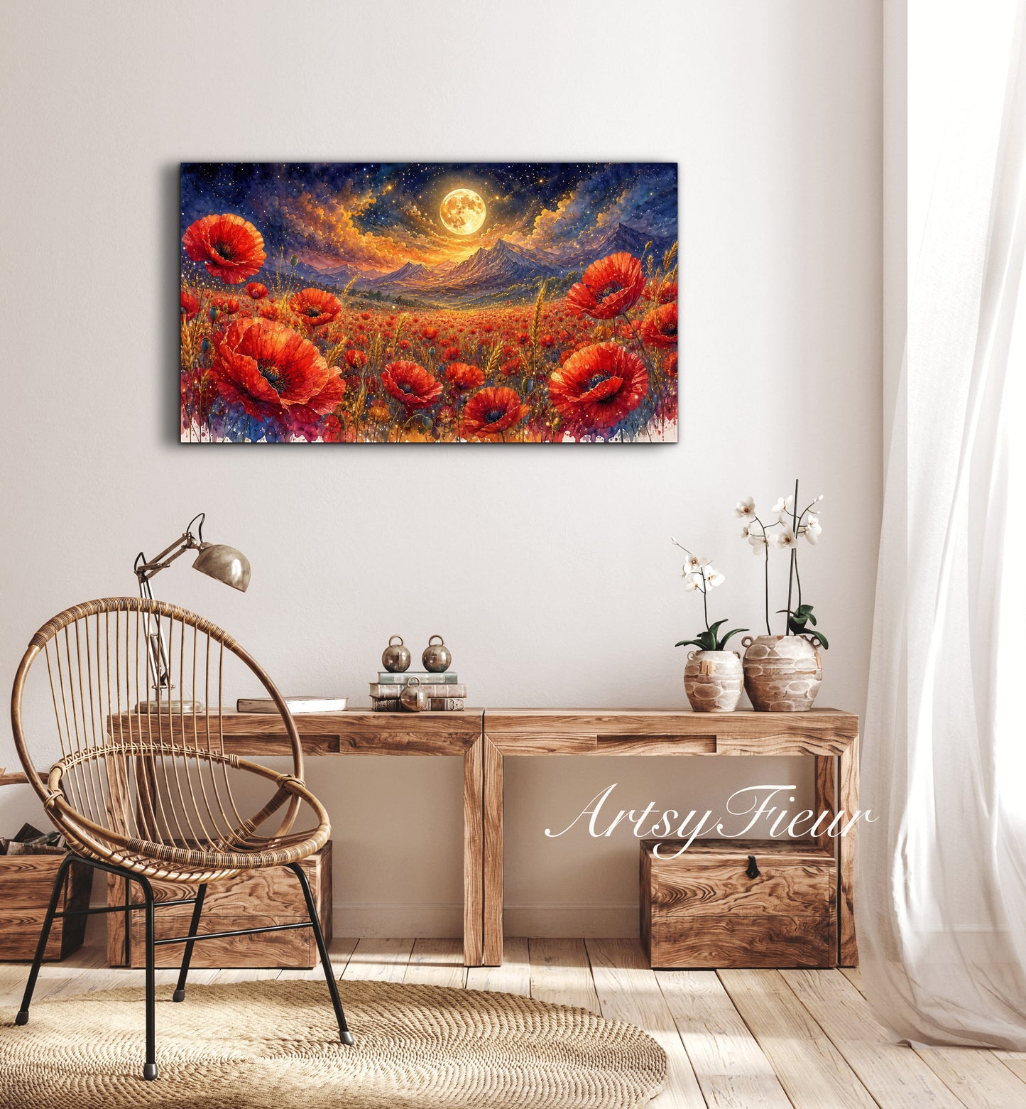 ArtsyFieur Framed Canvas - vibrant poppies whimsical lights full moon living room colourful wall art