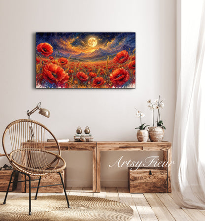 ArtsyFieur Framed Canvas - vibrant poppies whimsical lights full moon living room colourful wall art