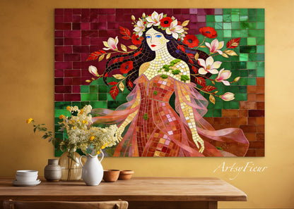 Framed Canvas- Vibrant Magnolia Flowers Beautiful Brunette Woman’s Abstract Portrait Mosaic Original Artwork Fantasy Wall Art Print Mother Nature