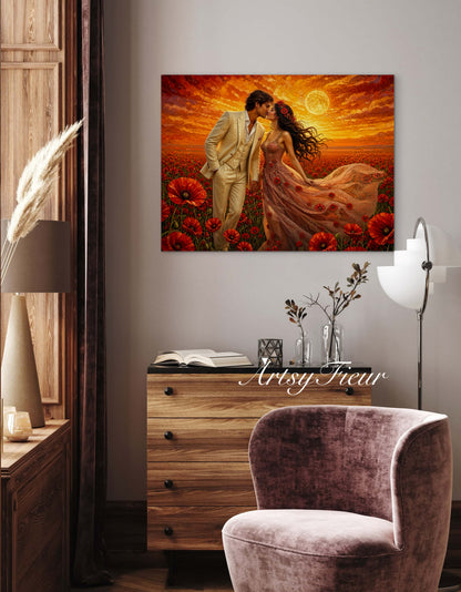 Framed canvas- whimsical full moon sunset bride and groom, wedding, poppy field, vibrant colours living room original artwork, fantasy oil painting wall art print