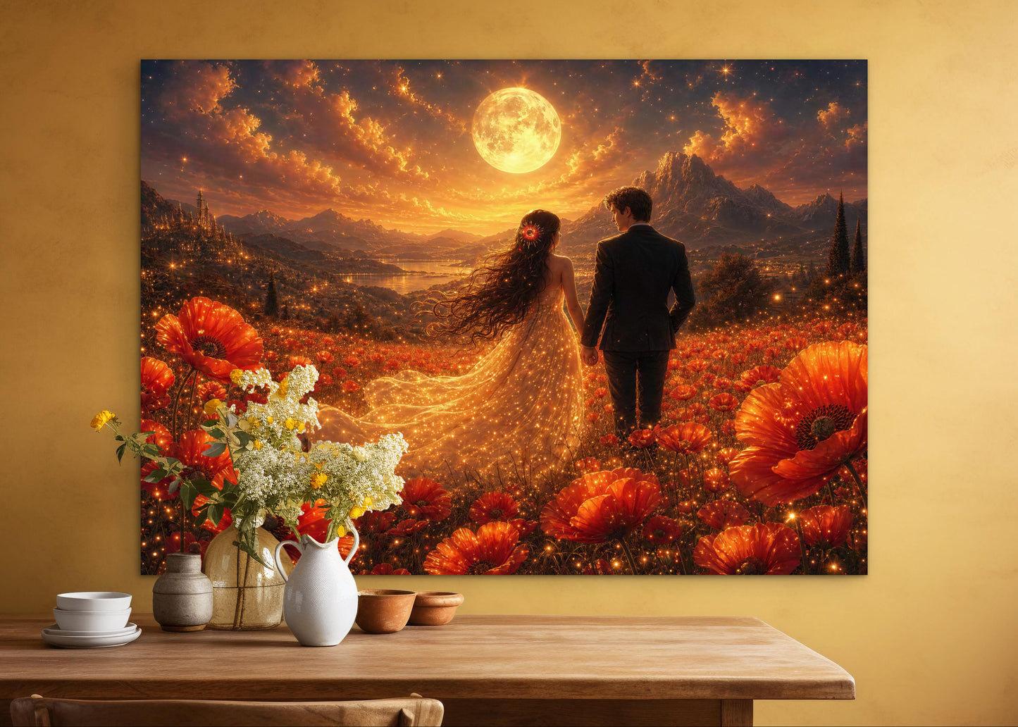 Framed canvas- whimsical full moon sunset bride and groom, wedding, poppy field, vibrant colours living room original artwork, fantasy oil painting wall art print