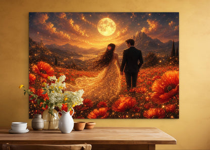 Framed canvas- whimsical full moon sunset bride and groom, wedding, poppy field, vibrant colours living room original artwork, fantasy oil painting wall art print