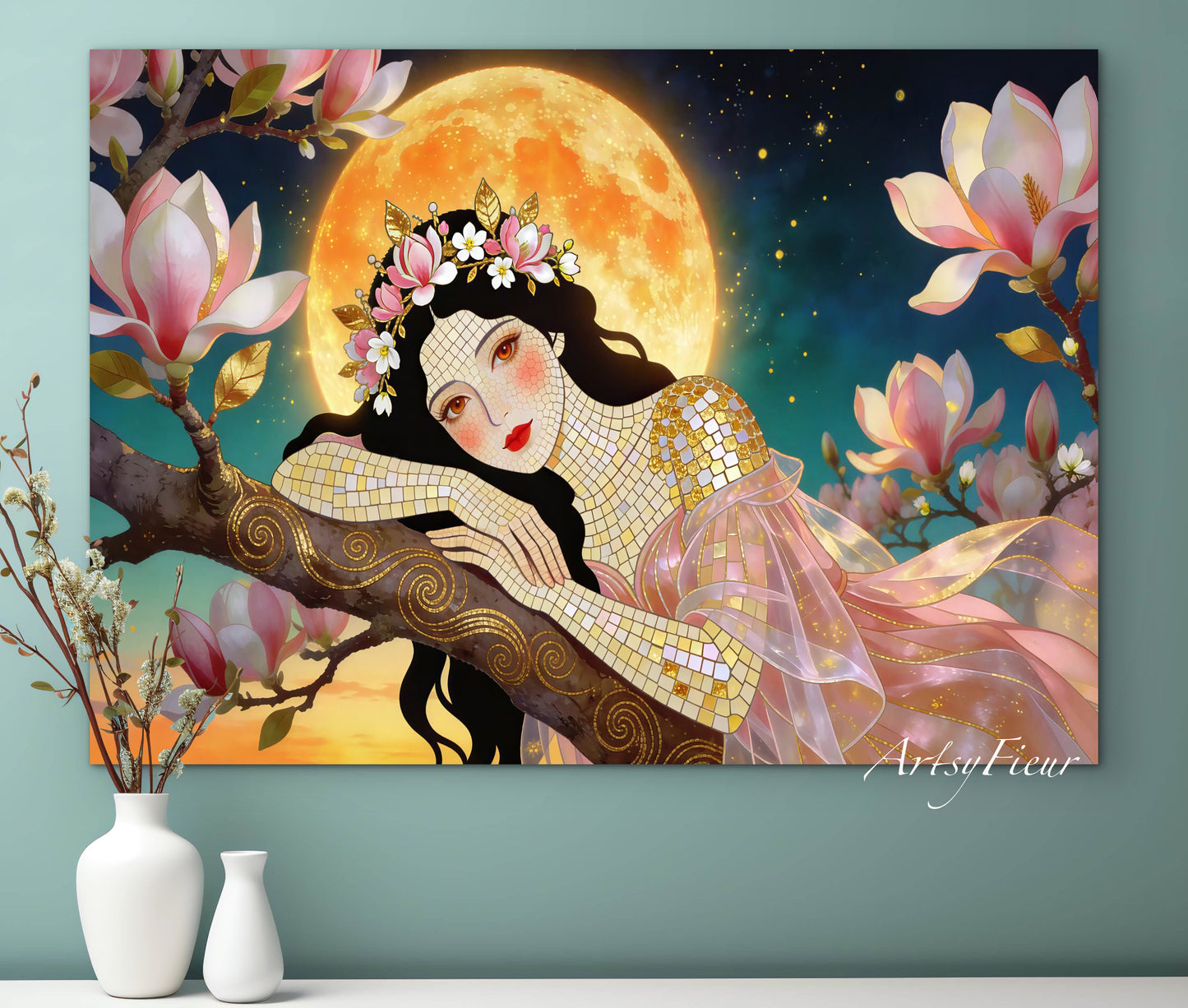 Framed Canvas- Vibrant Magnolia Flowers Beautiful Brunette Woman’s Abstract Portrait Mosaic Original Artwork Fantasy Wall Art Print