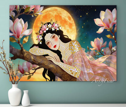 Framed Canvas- Vibrant Magnolia Flowers Beautiful Brunette Woman’s Abstract Portrait Mosaic Original Artwork Fantasy Wall Art Print