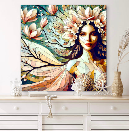 Framed canvas- Original Artwork Vibrant Magnolia Flowers Mosaic Portrait Beautiful Brunette Woman Wall Art Print