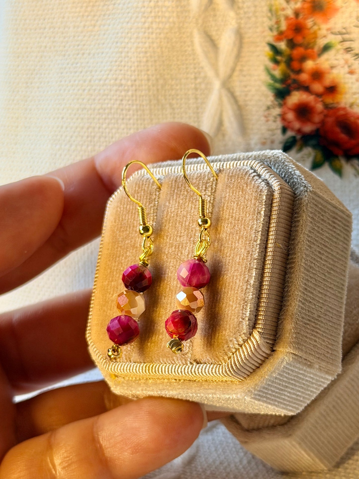 Natural Pink Tigers Eye Earrings Minimalist Crystal Gemstone Earrings Dangle Drop Hypoallergenic