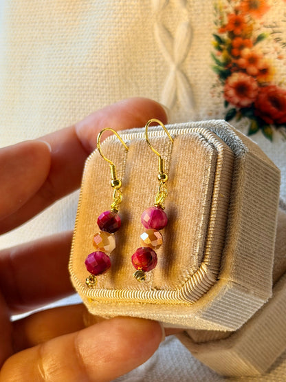 Natural Pink Tigers Eye Earrings Minimalist Crystal Gemstone Earrings Dangle Drop Hypoallergenic