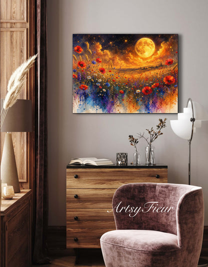 Framed Canvas Print- Vibrant Wildflowers and Poppies Oil Painting Textured Wall Art , Beautiful Original Artwork Ready to Hang Living Room, Floral