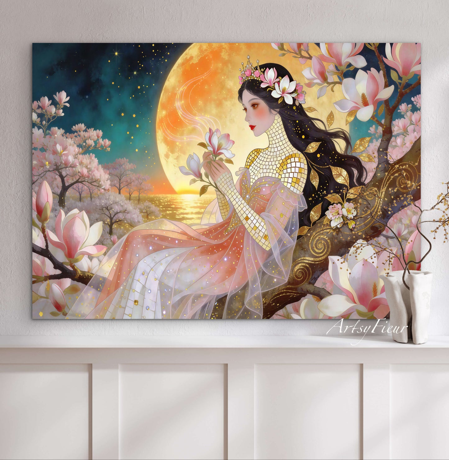 Framed Canvas- Vibrant Magnolia Flowers Beautiful Brunette Woman’s Abstract Portrait Mosaic Original Artwork Fantasy Wall Art Print