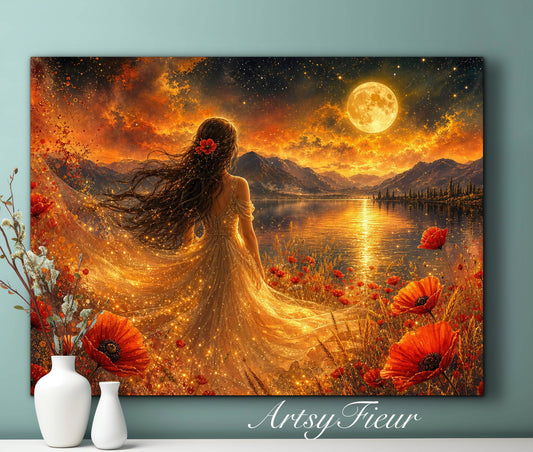 Framed Canvas - Vibrant poppies and wildflowers Whimsical Full Moon starry night sky Bride -Lady by the lake Wall Art Ready to hang original Artwork Print