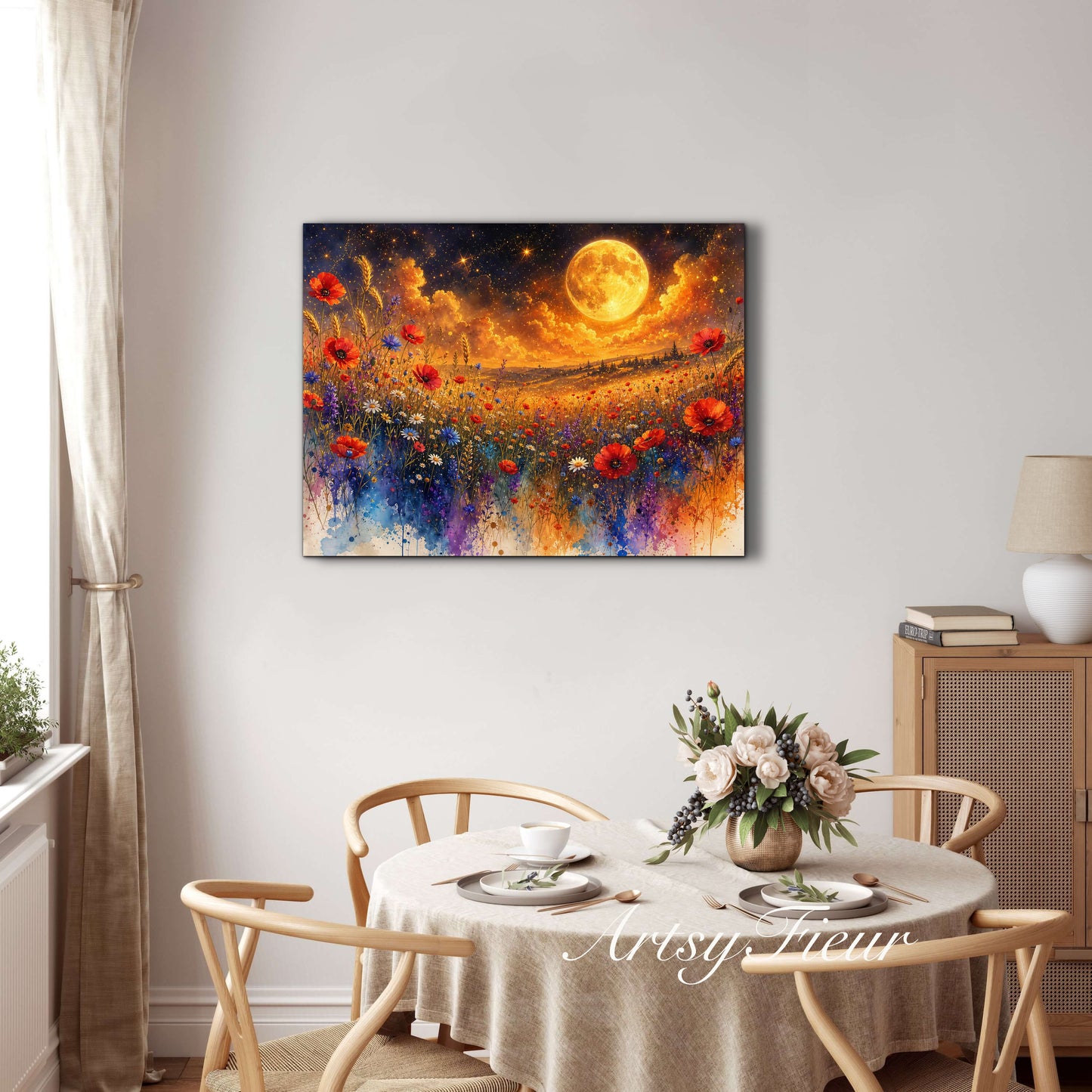 Framed Canvas Print- Vibrant Wildflowers and Poppies Oil Painting Textured Wall Art , Beautiful Original Artwork Ready to Hang Living Room, Floral