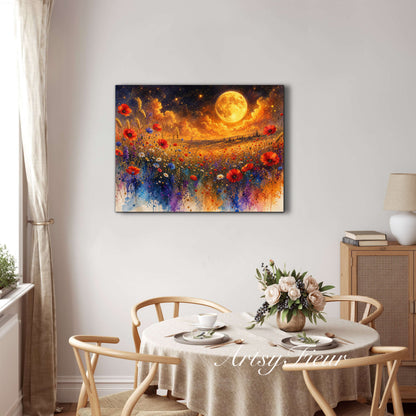Framed Canvas Print- Vibrant Wildflowers and Poppies Oil Painting Textured Wall Art , Beautiful Original Artwork Ready to Hang Living Room, Floral