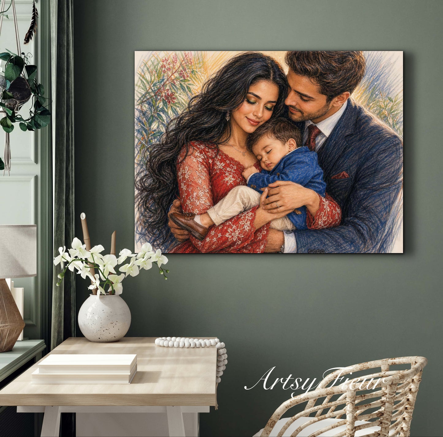 Framed Canvas- Vibrant Mother and Son Dad Family Portrait Fantasy Drawing Wall Art Print