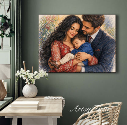 Framed Canvas- Vibrant Mother and Son Dad Family Portrait Fantasy Drawing Wall Art Print