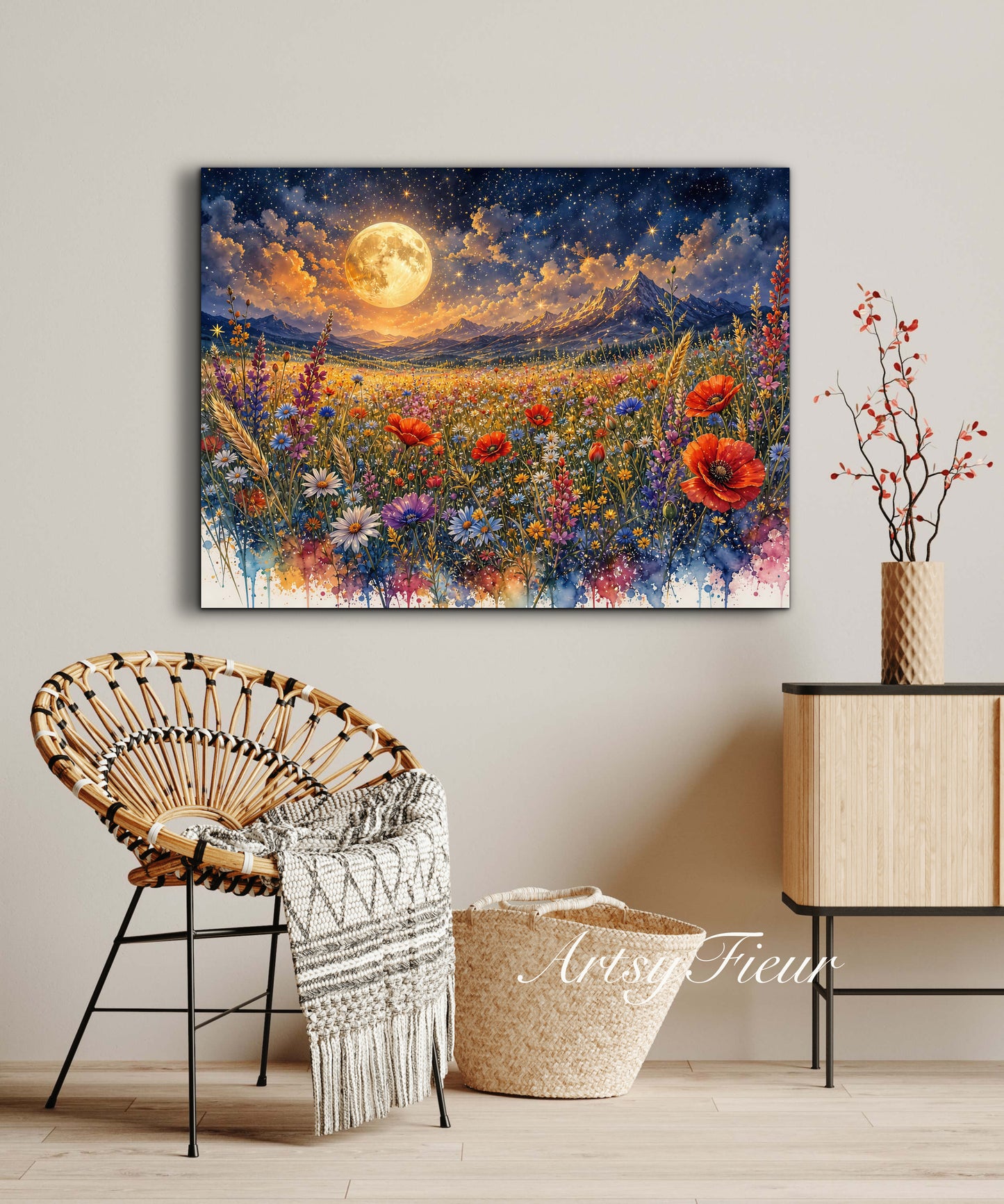Framed Canvas Print- Vibrant Wildflowers and Poppies Oil Painting Textured Wall Art , Beautiful Original Artwork Ready to Hang Living Room, Floral