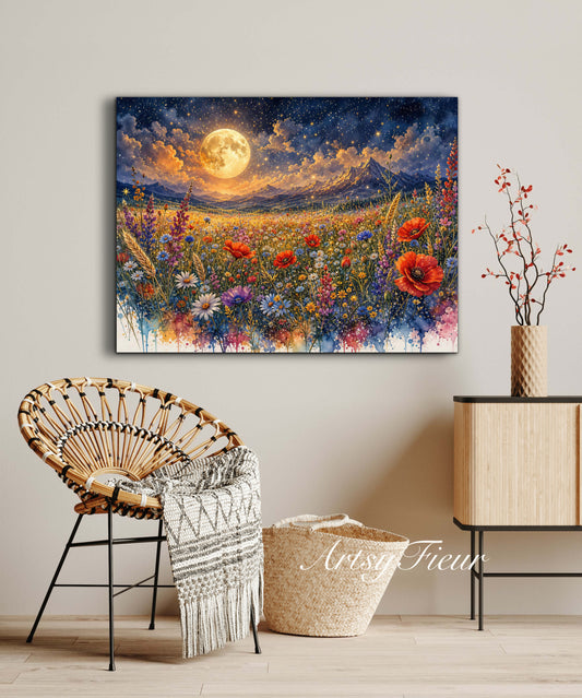 Framed Canvas Print- Vibrant Wildflowers and Poppies Oil Painting Textured Wall Art , Beautiful Original Artwork Ready to Hang Living Room, Floral