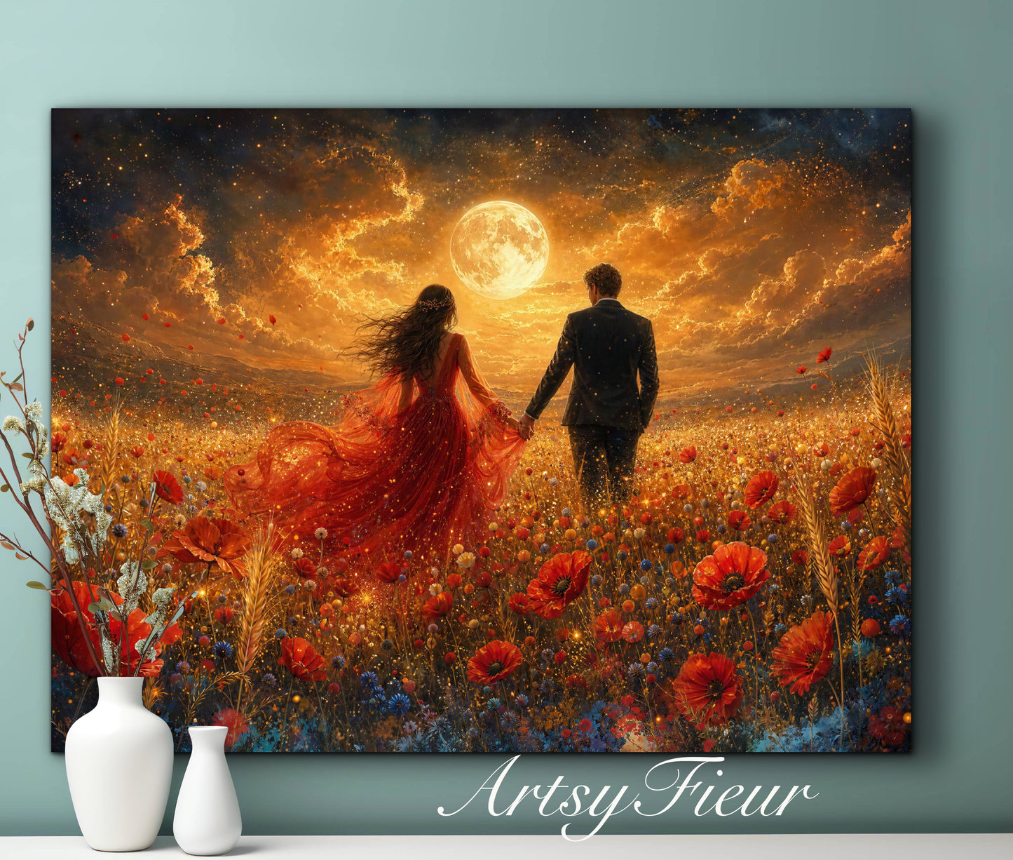 Framed canvas- whimsical full moon sunset -bride and groom, wedding gift, fantasy oil painting bedroom wall art print floral poppies field colourful vibrant colours