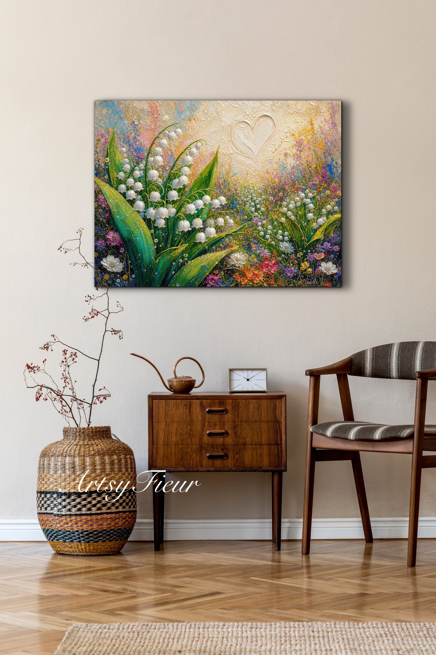 Framed Canvas Print- Vibrant Wildflowers and lily of the valley Oil Painting Textured Wall Art , Beautiful Original Artwork Ready to Hang Living Room, Floral