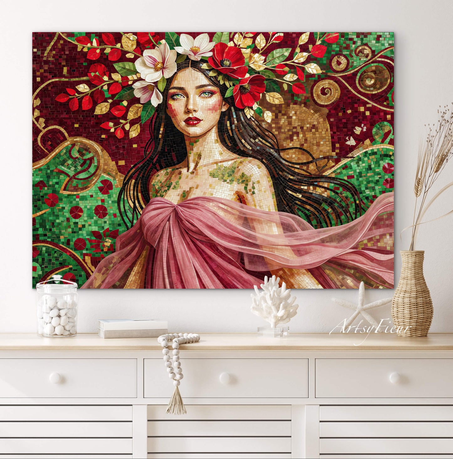 Framed Canvas- Vibrant Magnolia Flowers Beautiful Brunette Woman’s Abstract Portrait Mosaic Original Artwork Fantasy Wall Art Print Mother Nature
