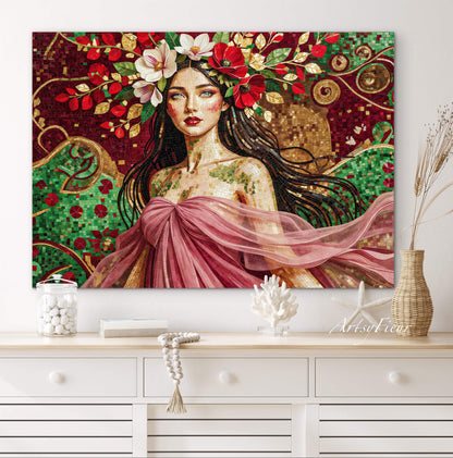 Framed Canvas- Vibrant Magnolia Flowers Beautiful Brunette Woman’s Abstract Portrait Mosaic Original Artwork Fantasy Wall Art Print Mother Nature