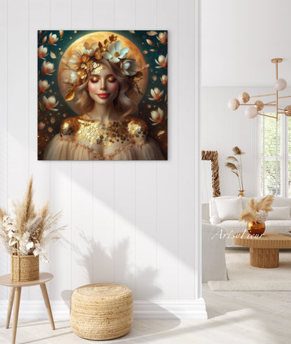Framed canvas- beautiful blonde woman vibrant magnolia flowers ready to hang wall art print, abstract portrait colourful