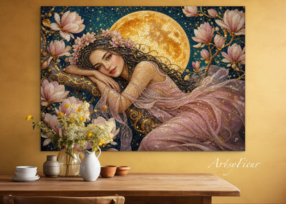 Framed Canvas- Vibrant Magnolia Flowers Beautiful Brunette Woman’s Abstract Portrait Mosaic Original Artwork Fantasy Wall Art Print