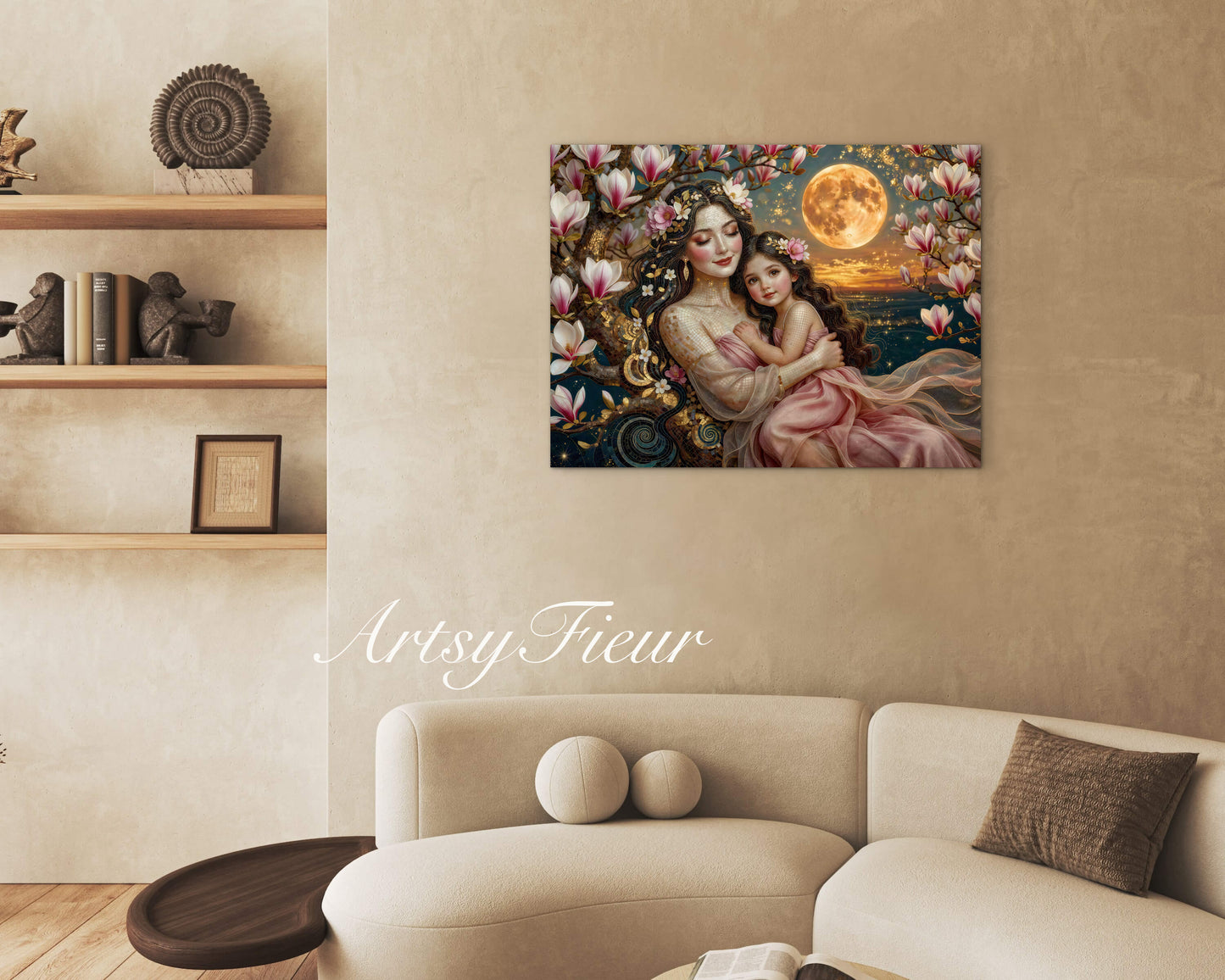 Framed Canvas- Vibrant Magnolia Flowers Mother and Daughter Portrait Original ArtworkFantasy Wall Art