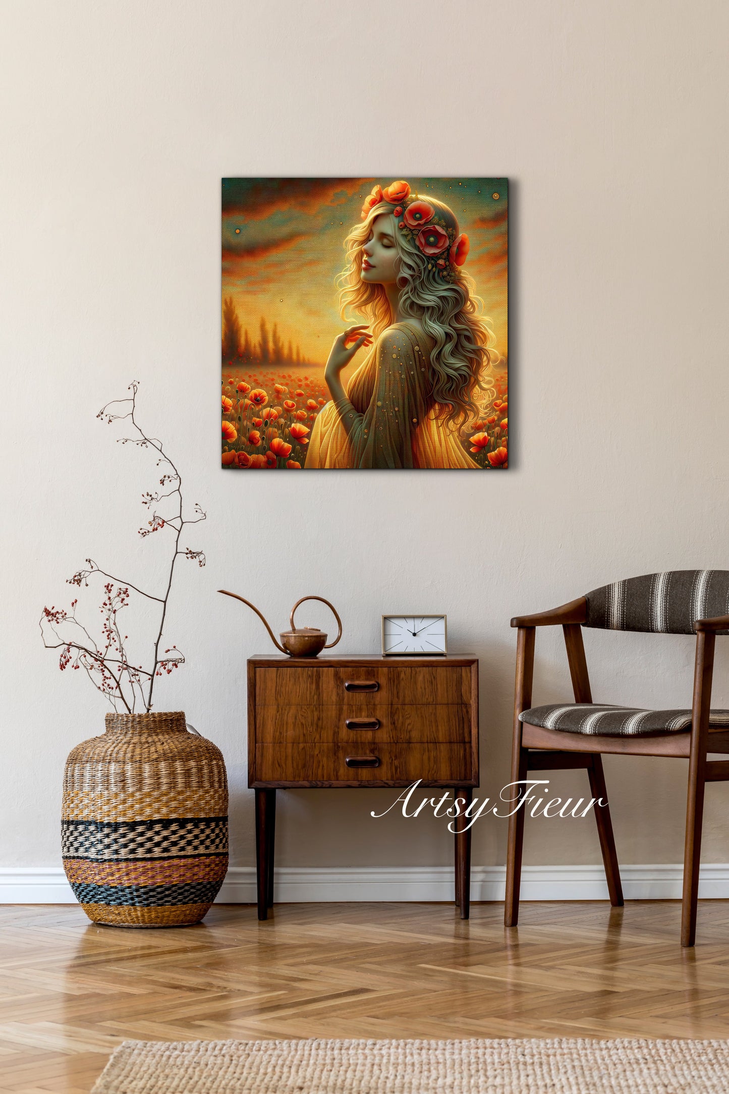 Framed canvas- Original Artwork Vibrant Poppies watercolour floral painting beautiful blondewoman ready to hang wall art print, abstract portrait colourful painting for living room