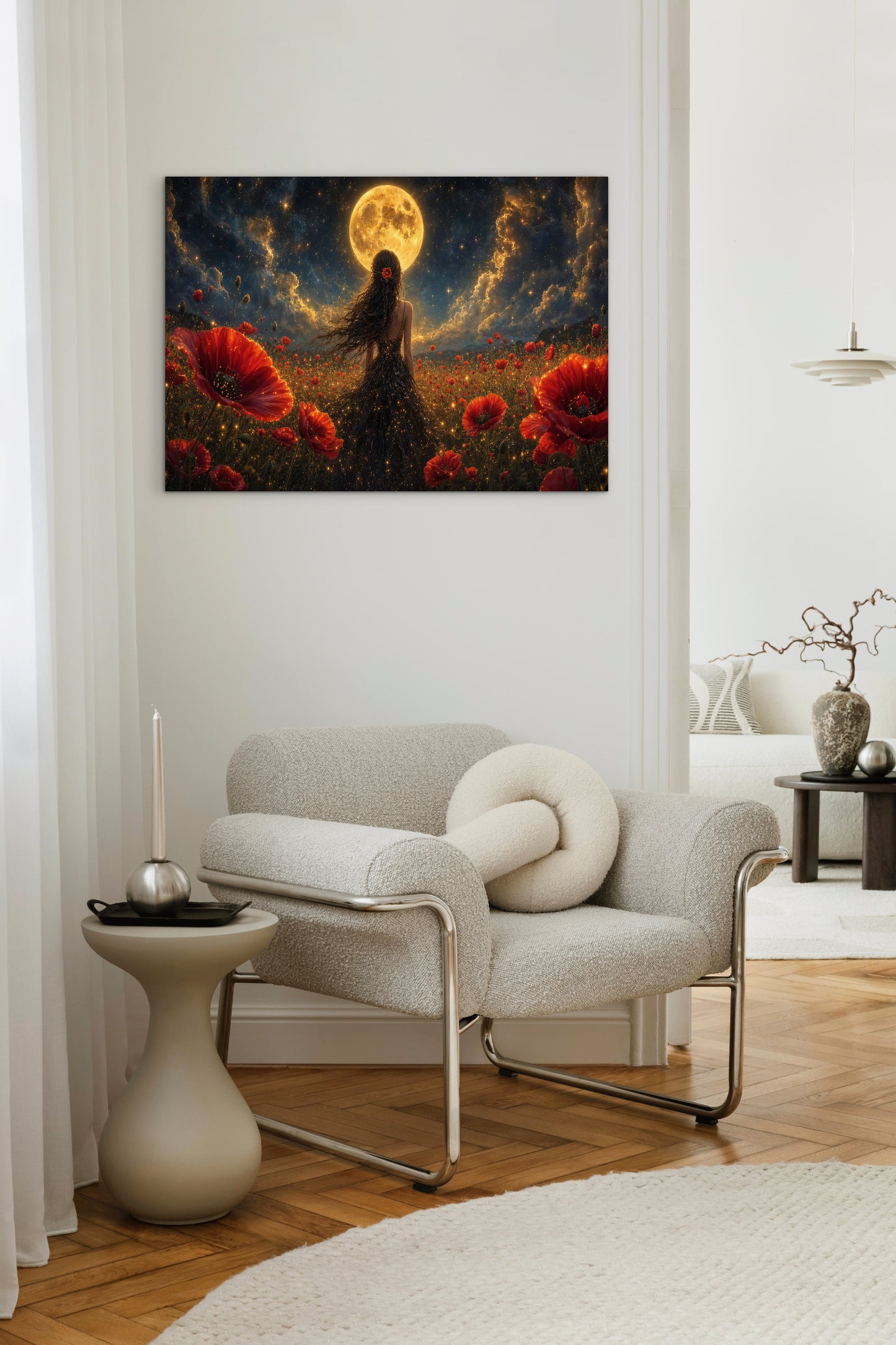 Framed Canvas - Vibrant Poppies Whimsical Full Moon Bride in Poppy Field, Wall Art Ready to hang Oil Painting Original Artwork Print Black Wedding Dress