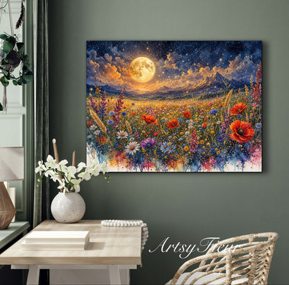 Framed Canvas Print- Vibrant Wildflowers and Poppies Oil Painting Textured Wall Art , Beautiful Original Artwork Ready to Hang Living Room, Floral