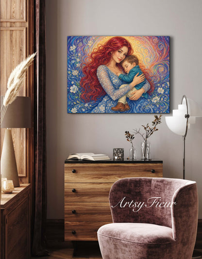 Framed canvas- ready to hang wall art print, vibrant colours crayon drawing abstract portrait mother and son, mother and baby boy, dark hair beautiful red hair woman , mothers day gilt, unique original artwork