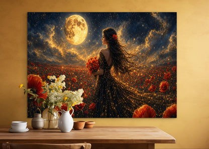 Framed Canvas - Vibrant Poppies Whimsical Full Moon Bride in Poppy Field, Wall Art Ready to hang Oil Painting Original Artwork Print Black Wedding Dress