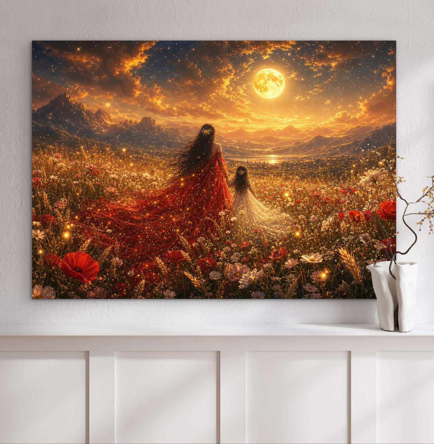 Framed Canvas- Vibrant Mother and Daughter Portrait Wildflowers Field Whimsical Landscape, Beautiful Gold Full Moon, Fantasy Floral Print