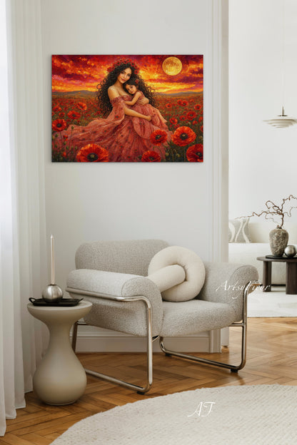 Framed Canvas- Vibrant Poppies Field Mother and Daughter Portrait Whimsical Full Moon Sunset Fantasy Oil Painting Wall Art Print