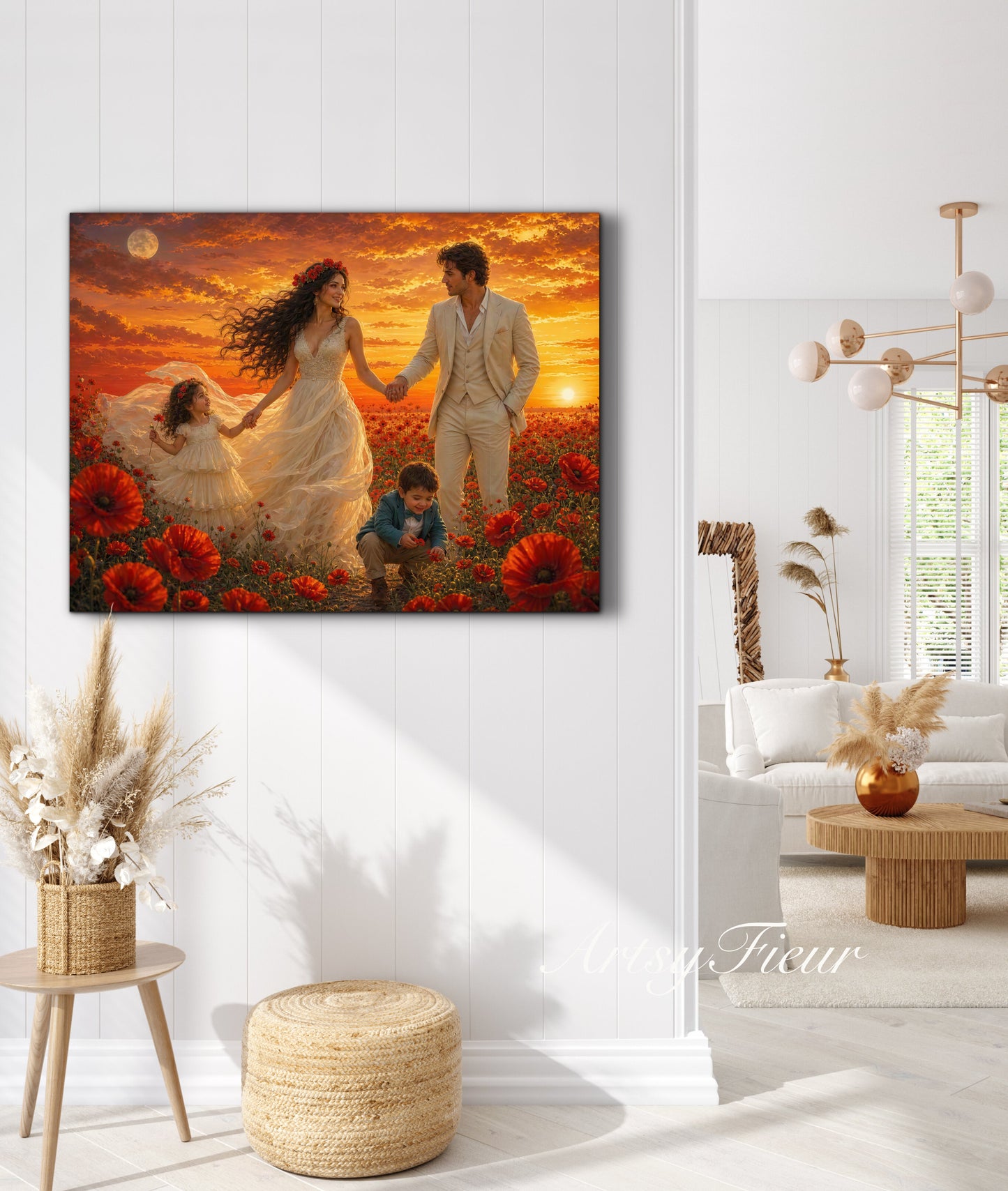 Framed Canvas- Vibrant Poppies Field Bride Groom Mother Daughter and Baby boy Portrait Whimsical Full Moon Sunset Fantasy Oil Painting Wall Art Print