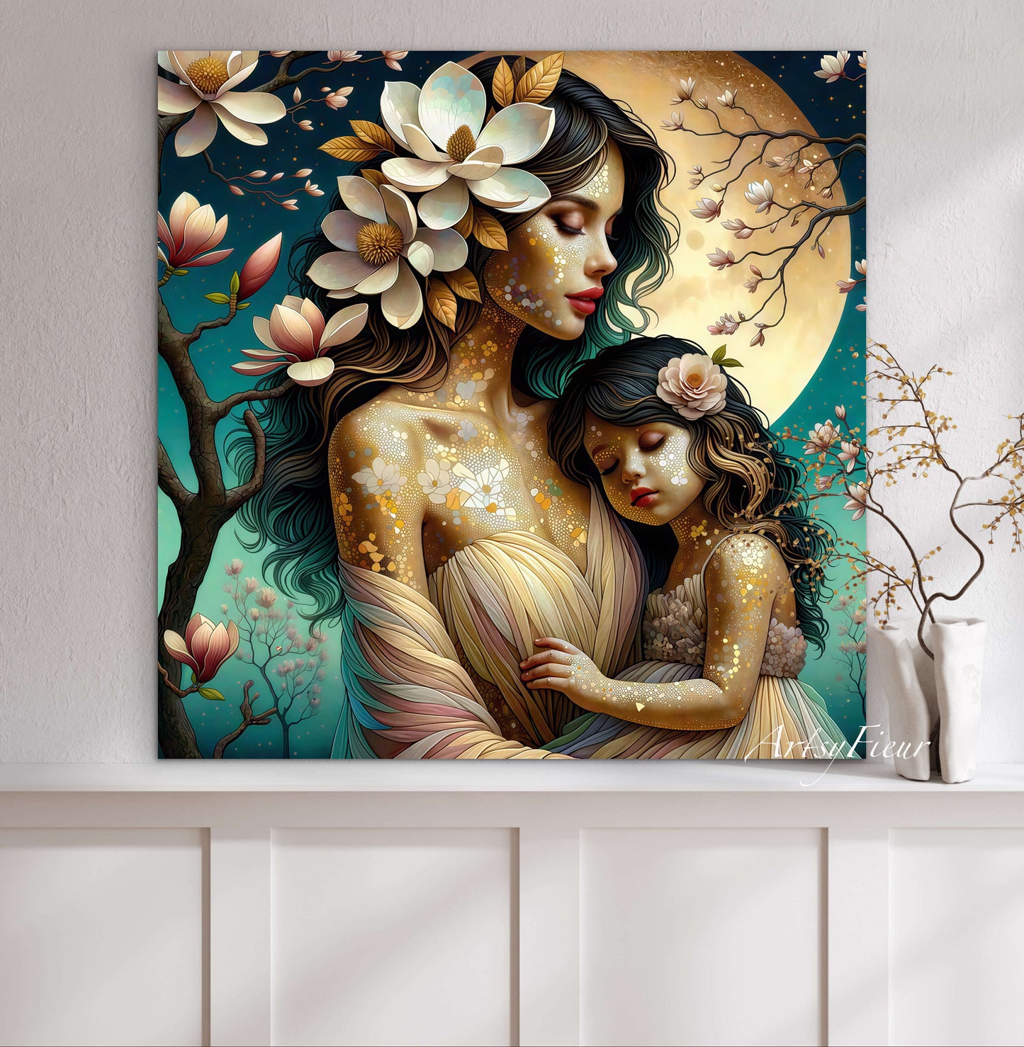 Framed canvas- ready to hang wall art print, abstract mother and daughter portrait Mosaic Magnolia Flowers