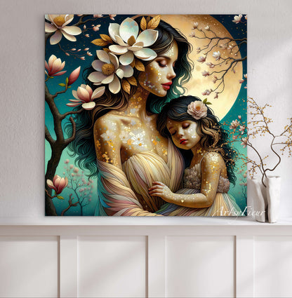 Framed canvas- ready to hang wall art print, abstract mother and daughter portrait Mosaic Magnolia Flowers