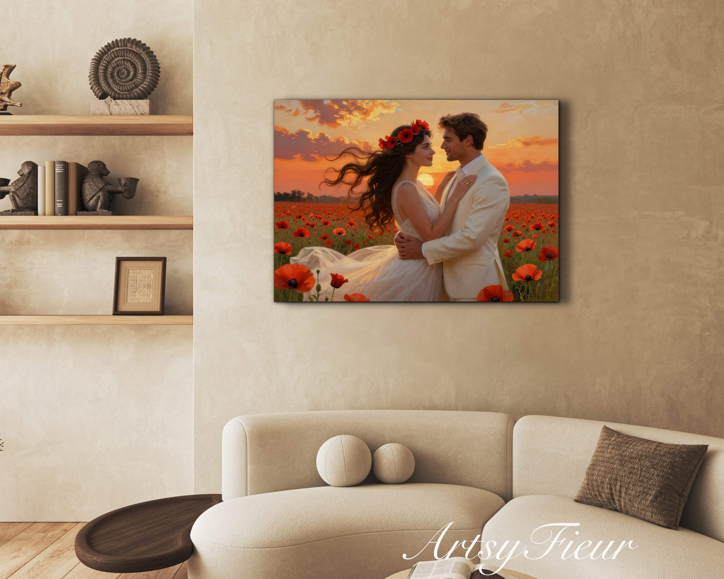 Framed canvas- whimsical full moon sunset bride and groom, wedding, poppy field, vibrant colours living room original artwork, fantasy oil painting wall art print