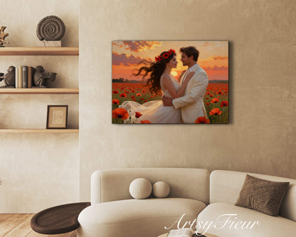 Framed canvas- whimsical full moon sunset bride and groom, wedding, poppy field, vibrant colours living room original artwork, fantasy oil painting wall art print