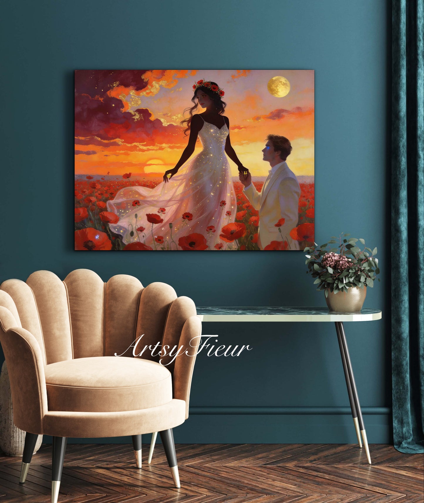 Framed canvas- whimsical full moon sunset bride and groom, wedding, poppy field, vibrant colours living room original artwork, fantasy watercolour paintingwall art print