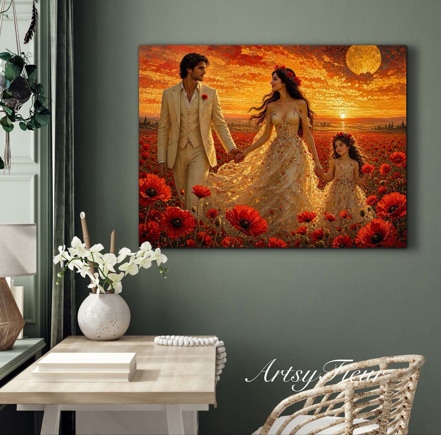 Framed Canvas Vibrant Poppies- Whimsical full moon fantasy oil painting Wedding celebration mother and daughter beautiful family portrait Original wall art print