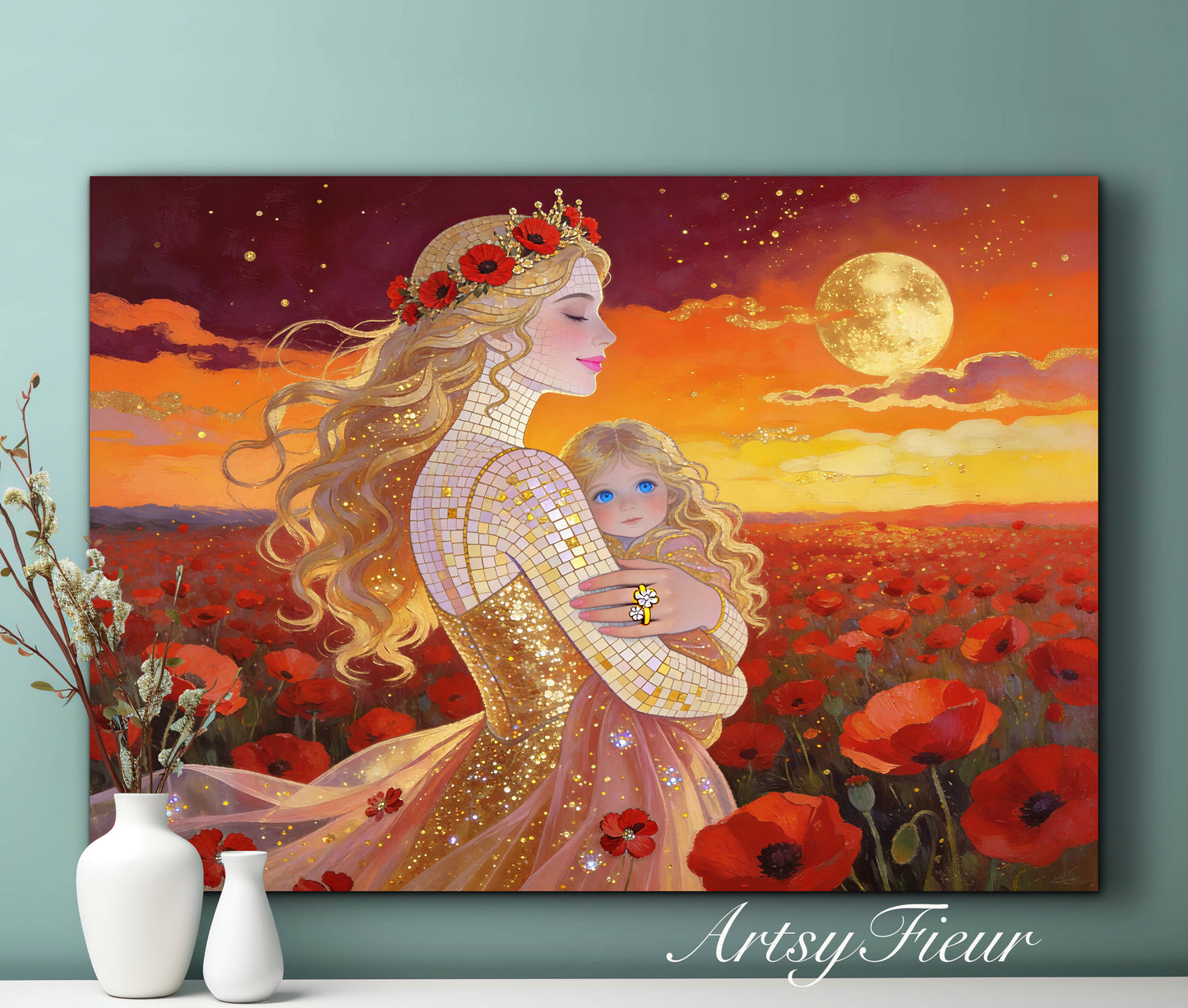 Framed Canvas- Vibrant Poppies Field Mother and Daughter Portrait Whimsical Full Moon Sunset Fantasy Oil Painting Wall Art Print