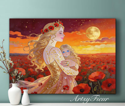 Framed Canvas- Vibrant Poppies Field Mother and Daughter Portrait Whimsical Full Moon Sunset Fantasy Oil Painting Wall Art Print