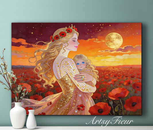 Framed Canvas- Vibrant Poppies Field Mother and Daughter Portrait Whimsical Full Moon Sunset Fantasy Oil Painting Wall Art Print