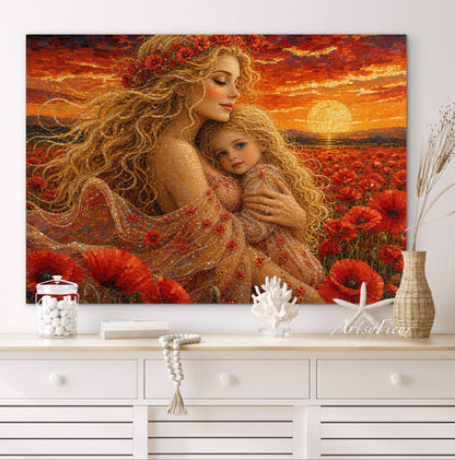 Framed Canvas- Vibrant Poppies Field Mother and Daughter Portrait Whimsical Full Moon Sunset Fantasy Oil Painting Wall Art Print