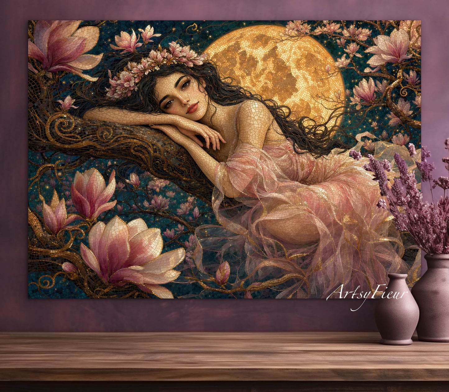 Framed Canvas- Vibrant Magnolia Flowers Beautiful Tinkerbell Woman’s Abstract Portrait Mosaic Original Artwork Fantasy Wall Art Print