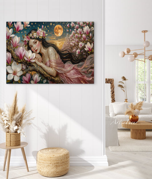 Framed Canvas- Vibrant Magnolia Flowers Beautiful Brunette Woman’s Abstract Portrait Mosaic Original Artwork Fantasy Wall Art Print