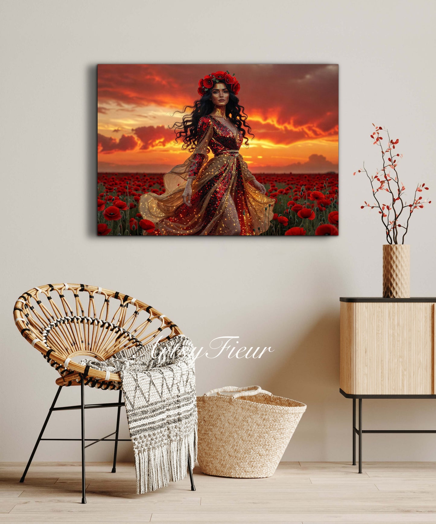 Framed Canvas - Vibrant Poppies Whimsical Sunset Beautiful Brunette in Poppy Field, Wall Art Ready to hang Oil Painting Original Artwork Print